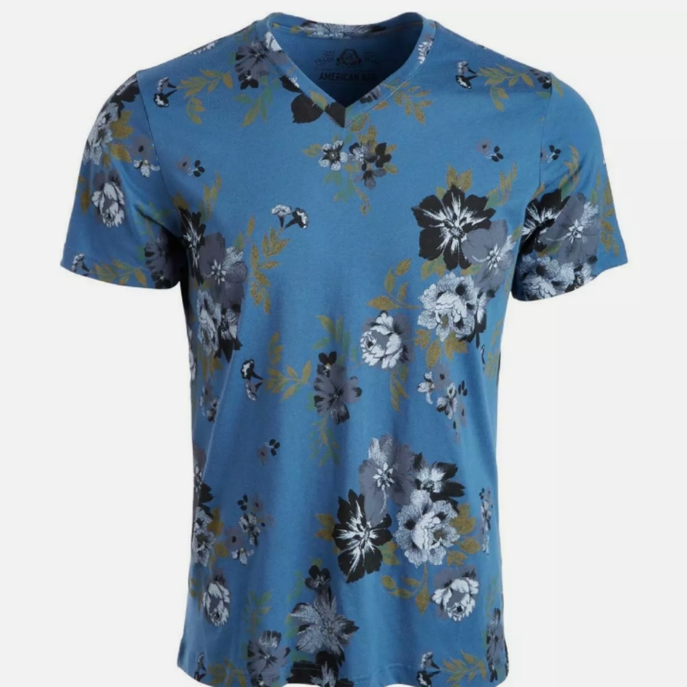 American Rag Mens Blue Floral V Neck Tee T-Shirt S